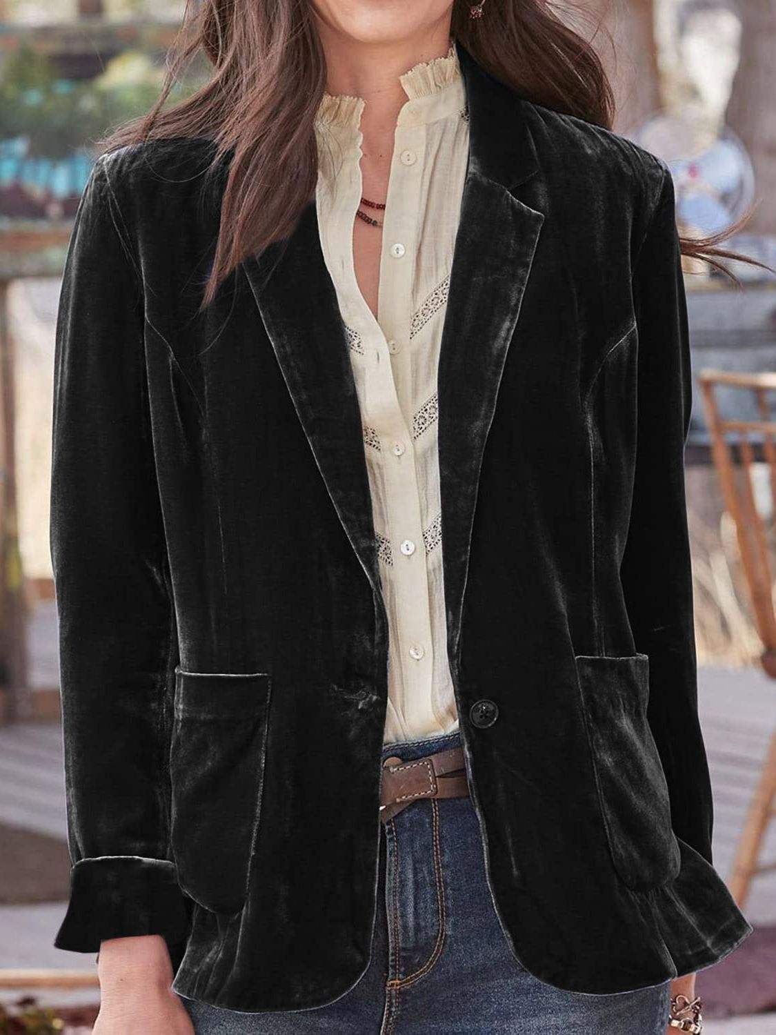 Pocketed Button Up Lapel Collar Blazer - Trendsi - Flyclothing LLC
