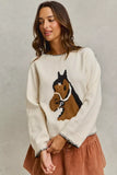 SO ME Horse Knit Sweater Top with Blanket Stitch - Trendsi - Flyclothing LLC