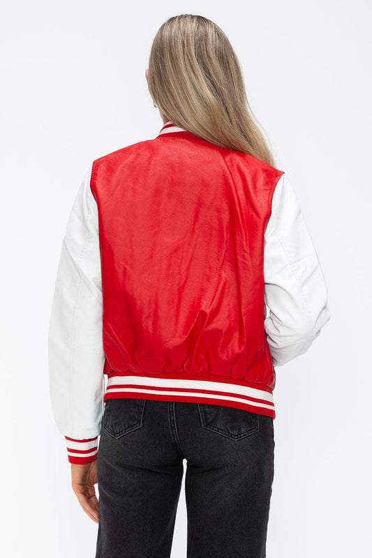 Love Me Now PU Leather Contrast Snap Down Bomber Jacket - Trendsi