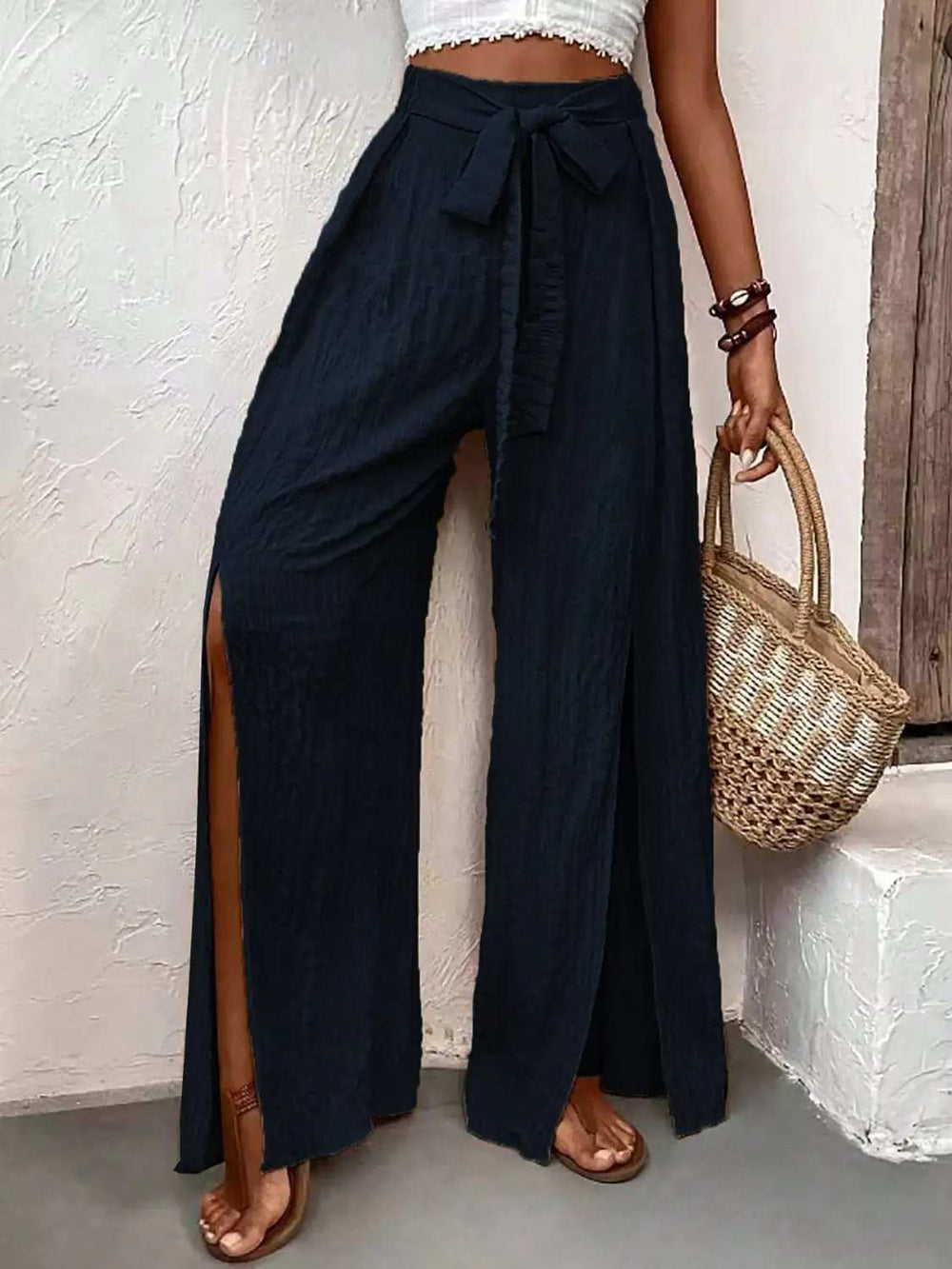 Tied Slit Wide Leg Pants - Trendsi - Flyclothing LLC