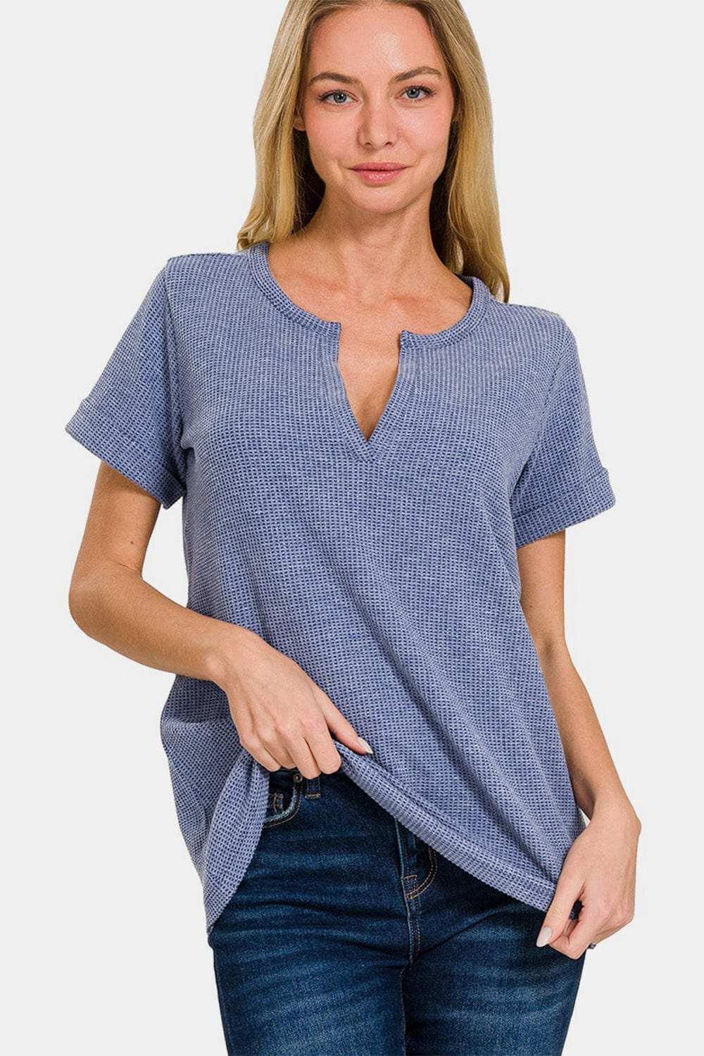 Zenana Notched Short Sleeve Waffle T-Shirt - Trendsi - Flyclothing LLC