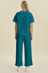 Double Take Full Size Texture Round Neck Short Sleeve Top and Pants Set - Trendsi - Flyclothing LLC
