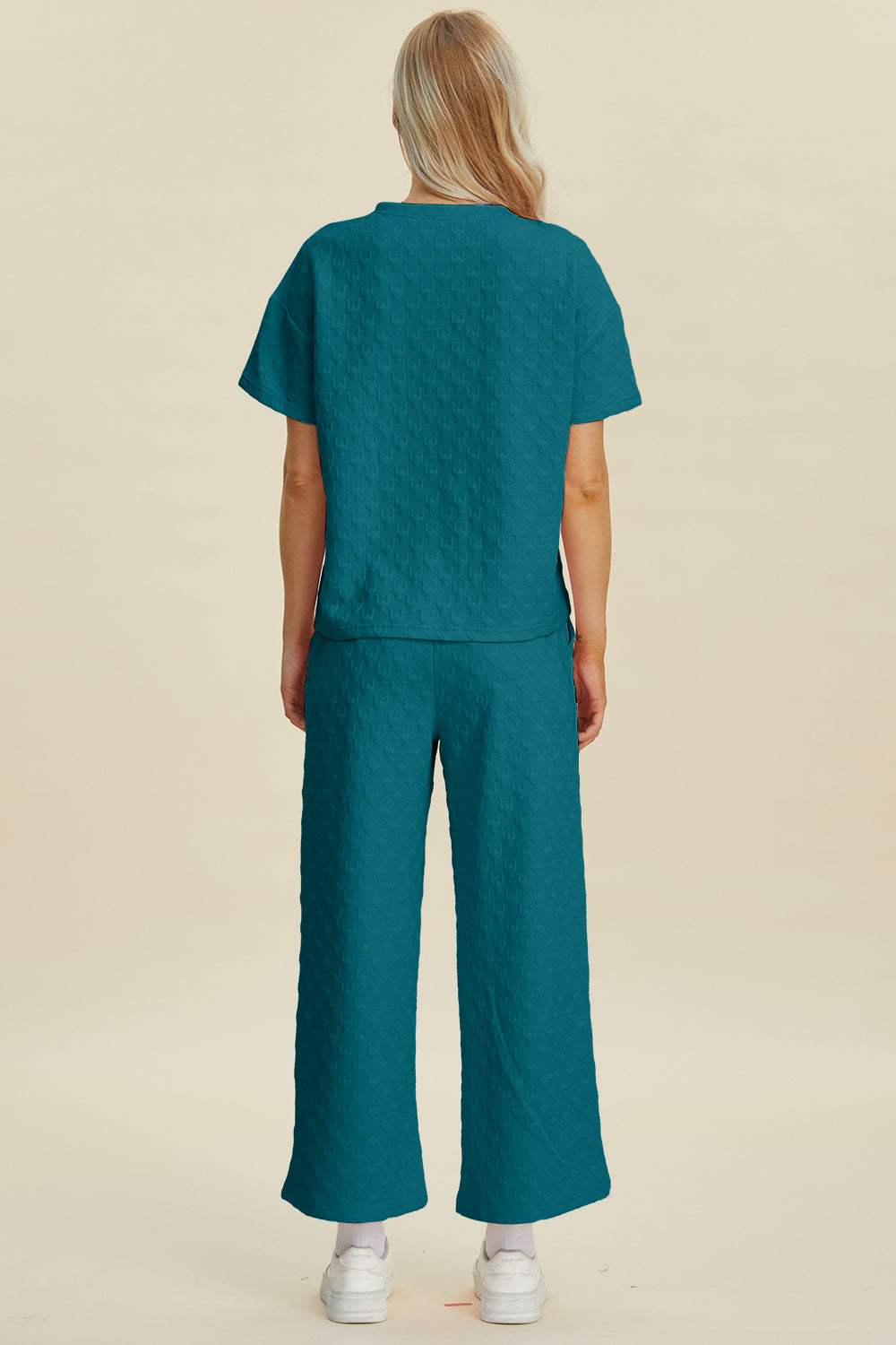 Double Take Full Size Texture Round Neck Short Sleeve Top and Pants Set - Trendsi - Flyclothing LLC