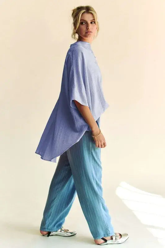 Davi & Dani Rhinestone Pleat Back Short Sleeve Loose Fit Shirt - Trendsi - Flyclothing LLC