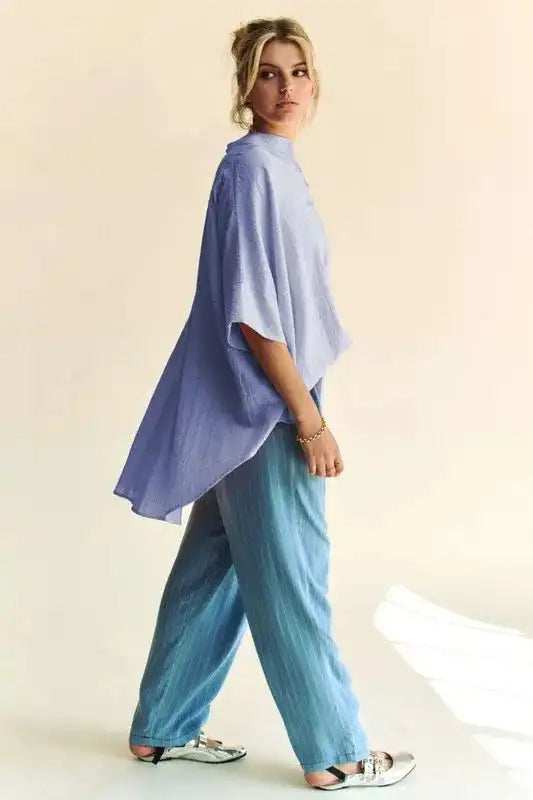 Davi & Dani Rhinestone Pleat Back Short Sleeve Loose Fit Shirt - Trendsi - Flyclothing LLC