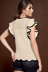 Ruffled Round Neck Cap Sleeve Knit Top - Trendsi - Flyclothing LLC