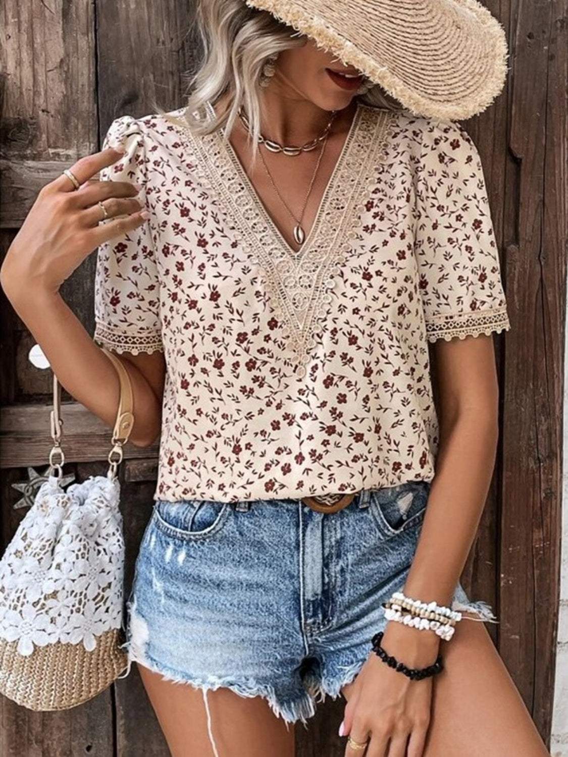 Full Size Printed V-Neck Short Sleeve Blouse - Trendsi - Flyclothing LLC