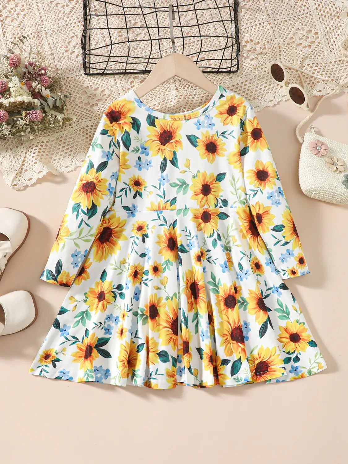 Kids Sunflower Print Round Neck Long Sleeve Dress - Trendsi - Flyclothing LLC