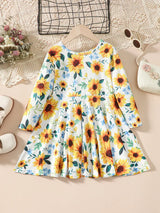Kids Sunflower Print Round Neck Long Sleeve Dress - Trendsi - Flyclothing LLC