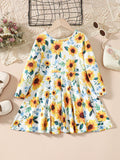 Kids Sunflower Print Round Neck Long Sleeve Dress - Trendsi