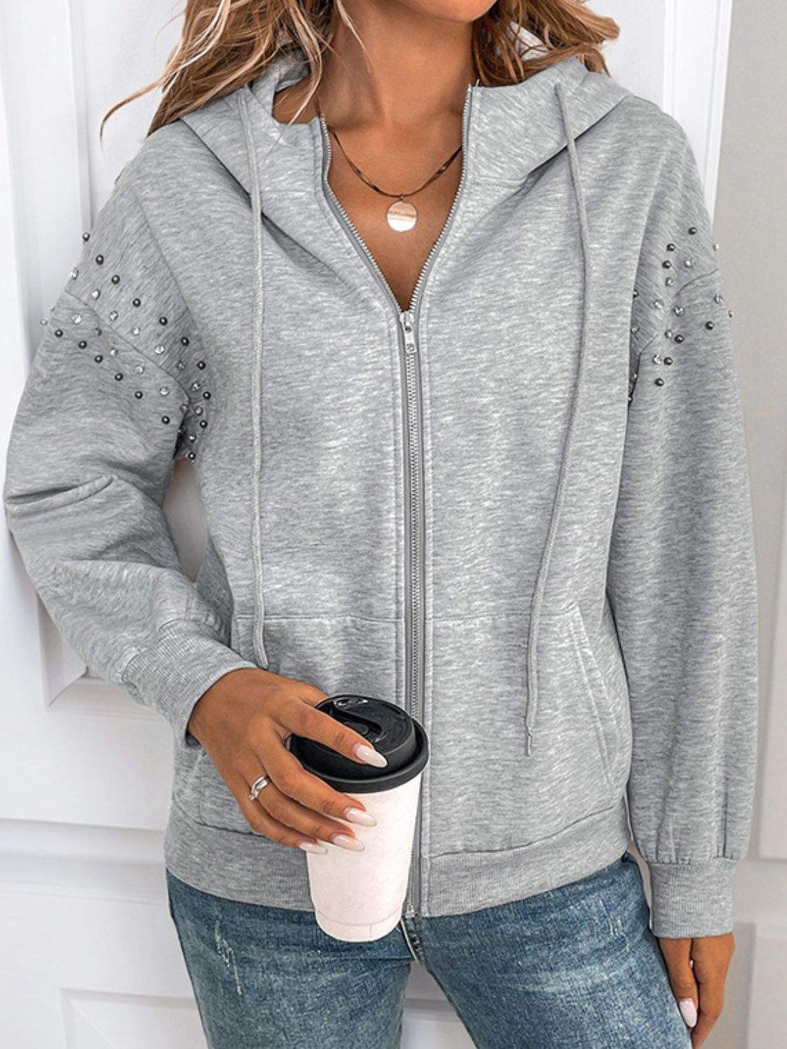 Perfee Rhinestone Zip Up Long Sleeve Hoodie - Trendsi - Flyclothing LLC