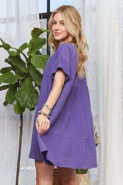 ADORA Tiered Notched Short Sleeve Dress - Trendsi - Flyclothing LLC