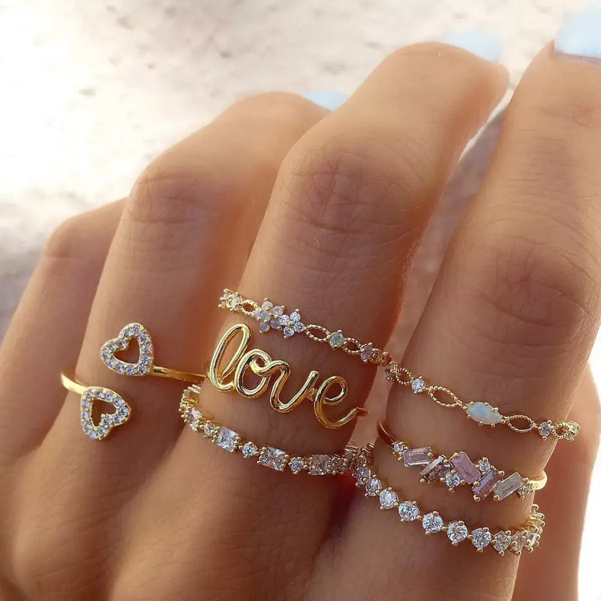 7 Piece 18K Gold-Plated LOVE Zircon Ring Set - Trendsi - Flyclothing LLC