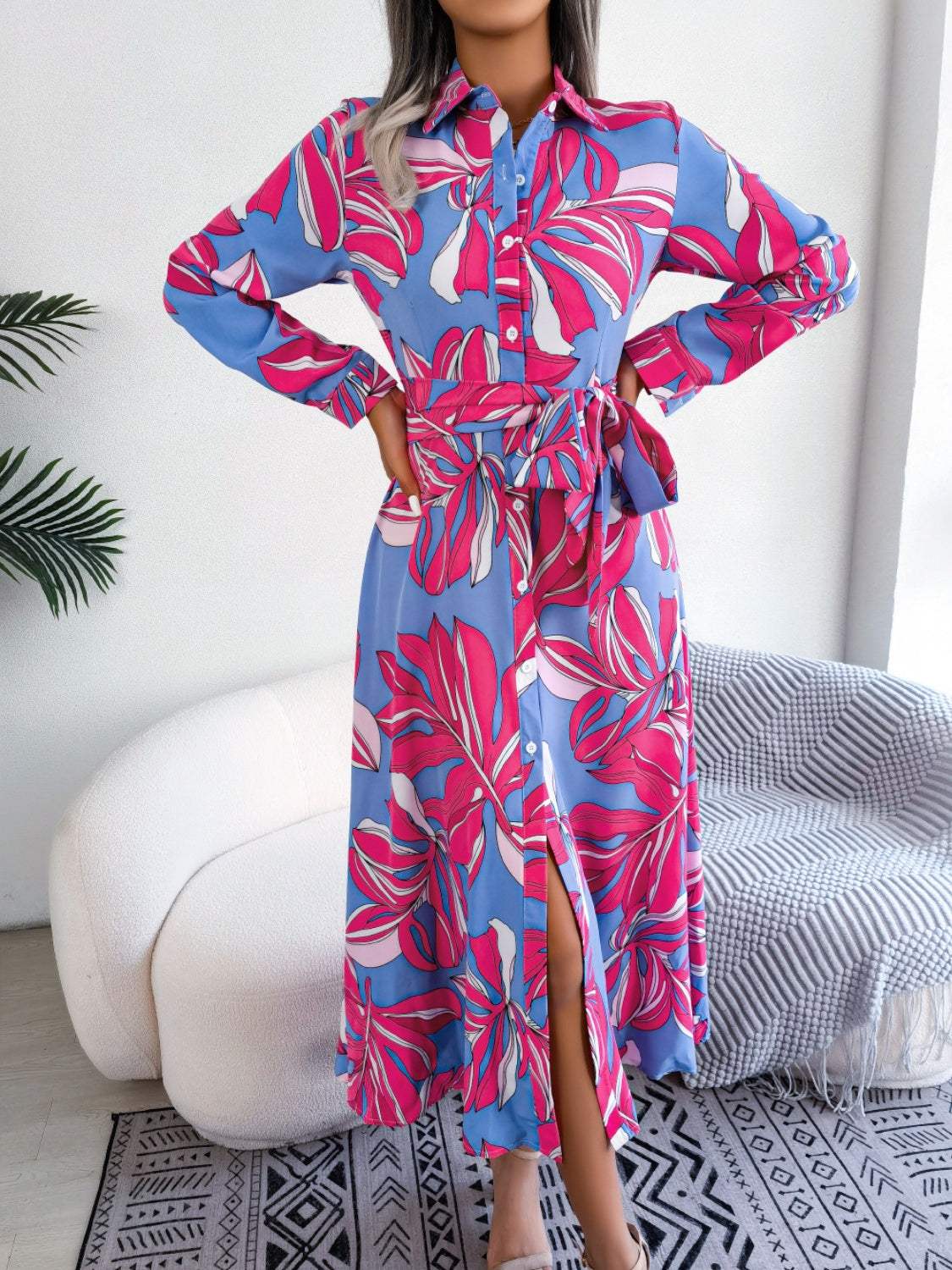 Tied Button Up Long Sleeve Dress - Trendsi - Flyclothing LLC