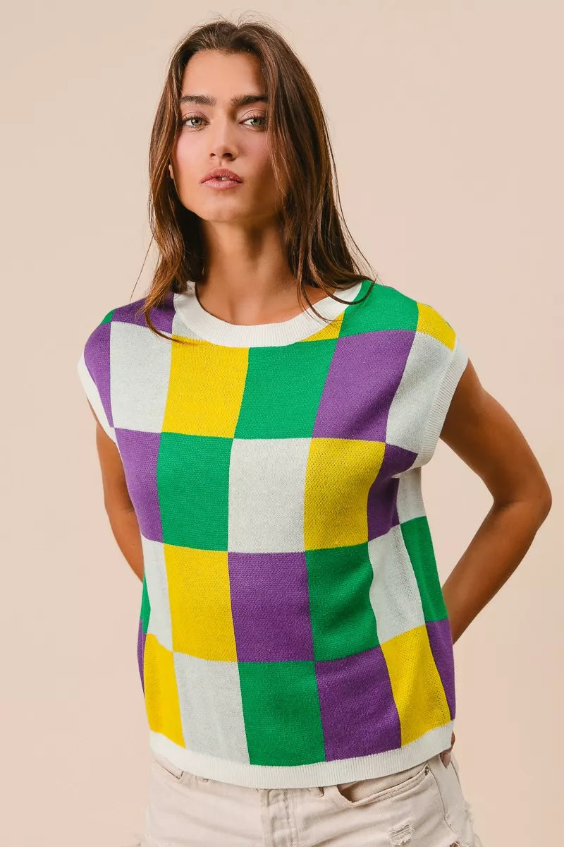 BiBi Mardi Gras Checker Pattern Sleeveless Sweater Top - Trendsi - Flyclothing LLC