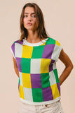 BiBi Mardi Gras Checker Pattern Sleeveless Sweater Top - Trendsi - Flyclothing LLC