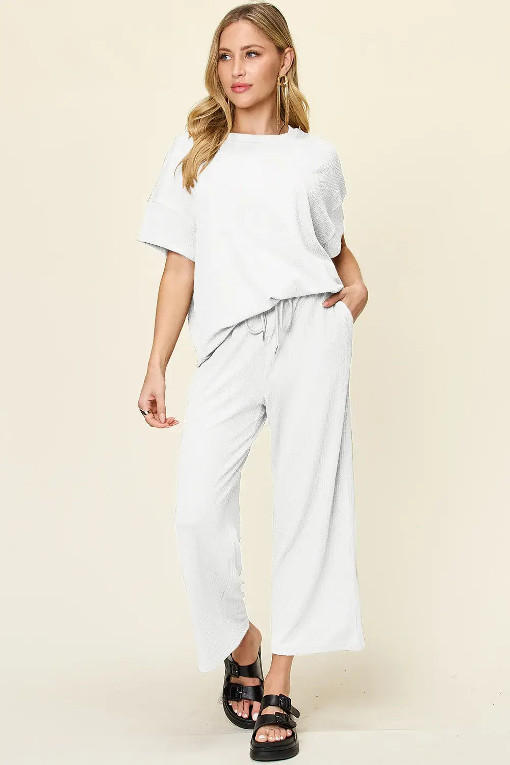 Double Take Full Size Texture Round Neck Short Sleeve T-Shirt and Wide Leg Pants - Trendsi - Flyclothing LLC