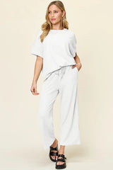 Double Take Full Size Texture Round Neck Short Sleeve T-Shirt and Wide Leg Pants - Trendsi - Flyclothing LLC