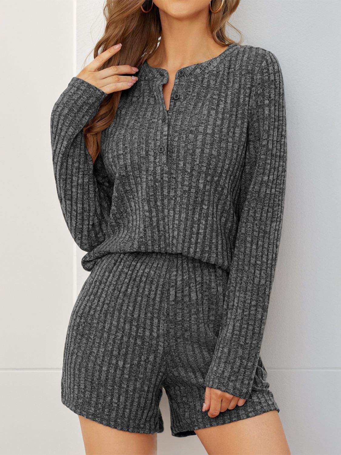 Ribbed Round Neck Top and Shorts Set - Trendsi - Flyclothing LLC