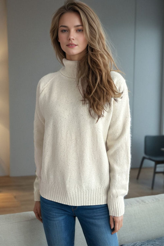 Ribbed Turtleneck Raglan Sleeve Sweater - Trendsi