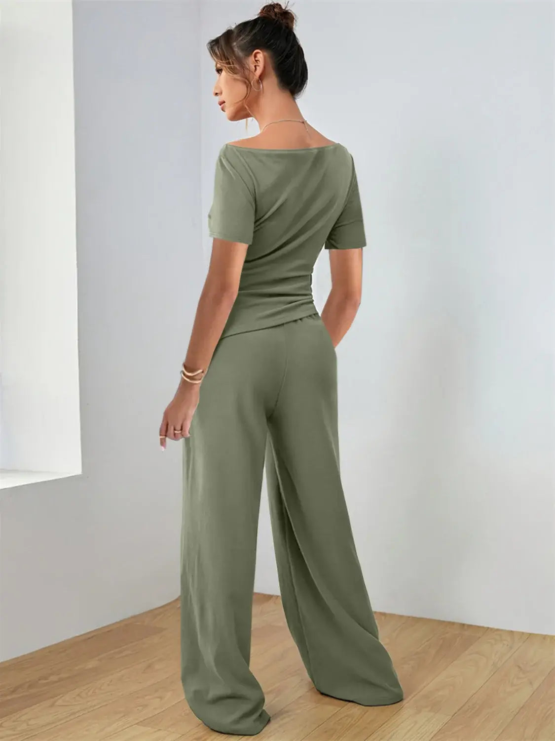 Round Neck Short Sleeve T-Shirt and Pants Set - Trendsi - Flyclothing LLC