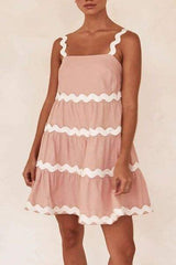 Contrast Trim Square Neck Tiered Dress - Trendsi - Flyclothing LLC