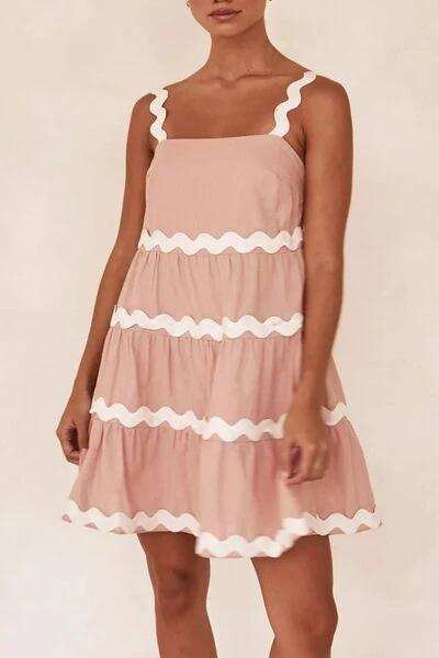 Contrast Trim Square Neck Tiered Dress - Trendsi - Flyclothing LLC