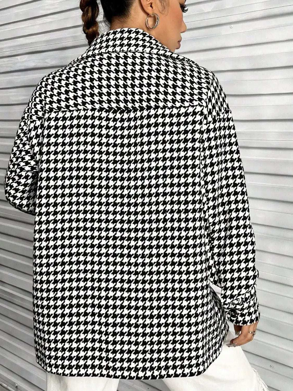Houndstooth Button Down Long Sleeve Shacket - Trendsi - Flyclothing LLC