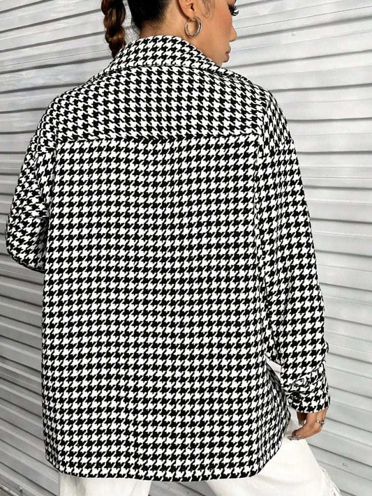 Houndstooth Button Down Long Sleeve Shacket - Trendsi - Flyclothing LLC