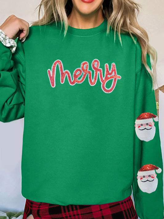 Sequin Letter Graphic Father Christmas Patched Sleeve Drop Shoulder Sweatshirt - Trendsi - Flyclothing LLC