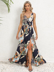Slit Tied Printed Surplice Dress - Trendsi