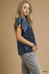 Umgee Crushed Velvet Pleated Blouse - Trendsi - Flyclothing LLC