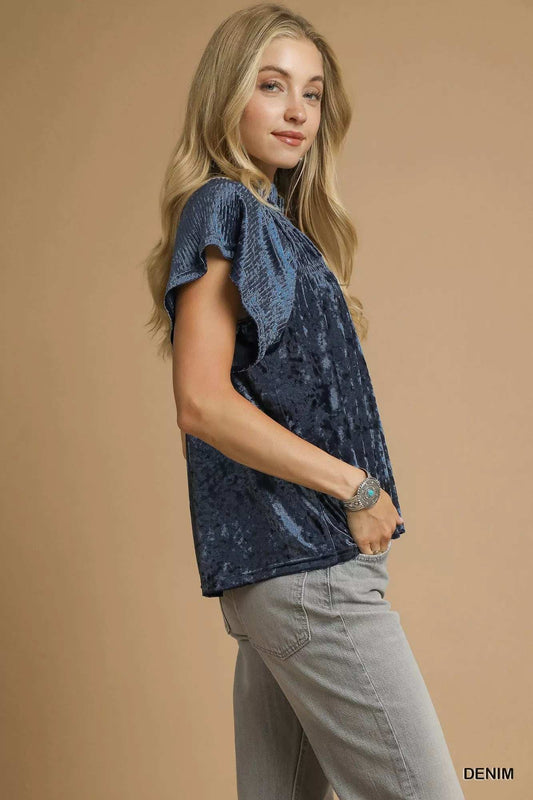 Umgee Crushed Velvet Pleated Blouse - Trendsi - Flyclothing LLC