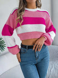 Color Block Round Neck Cropped Sweater - Trendsi - Flyclothing LLC
