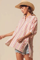SO ME Multicolored Stripe Button Down Shirt - Trendsi - Flyclothing LLC
