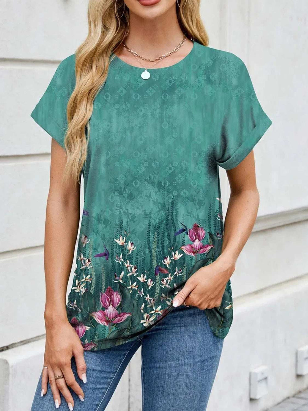 Printed Round Neck Short Sleeve Top - Trendsi - Flyclothing LLC