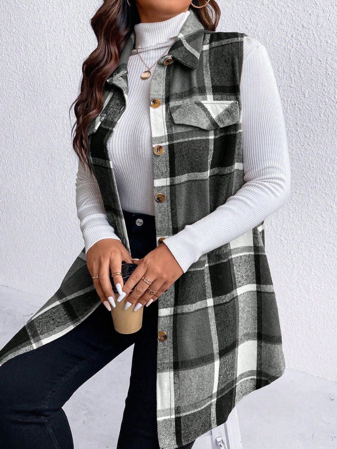 Honey Plus Size Pocketed Plaid Button Up Vest Coat - Trendsi
