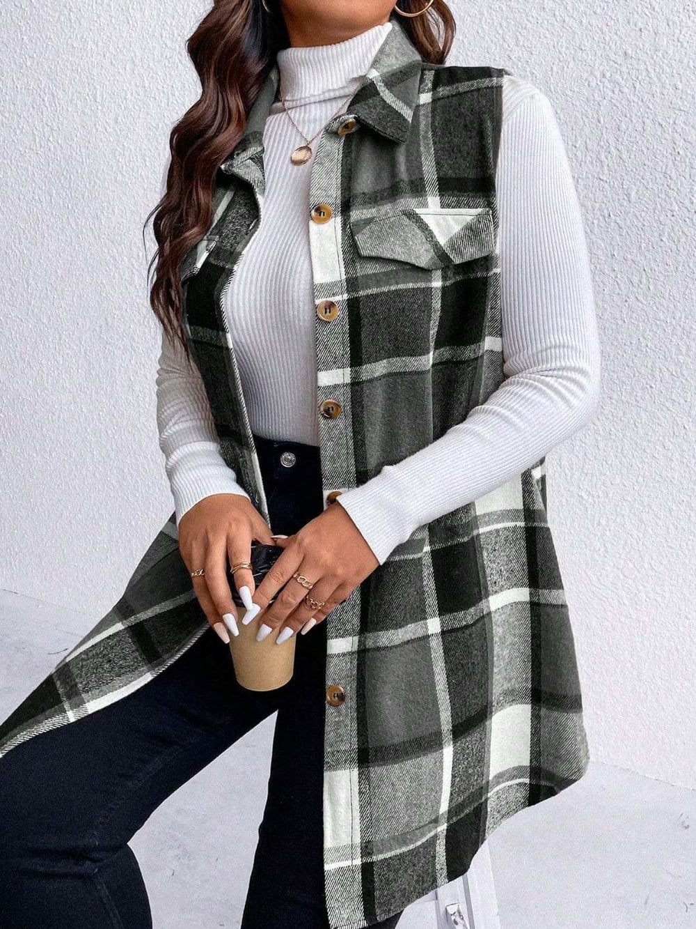 Honey Plus Size Pocketed Plaid Button Up Vest Coat - Trendsi - Flyclothing LLC