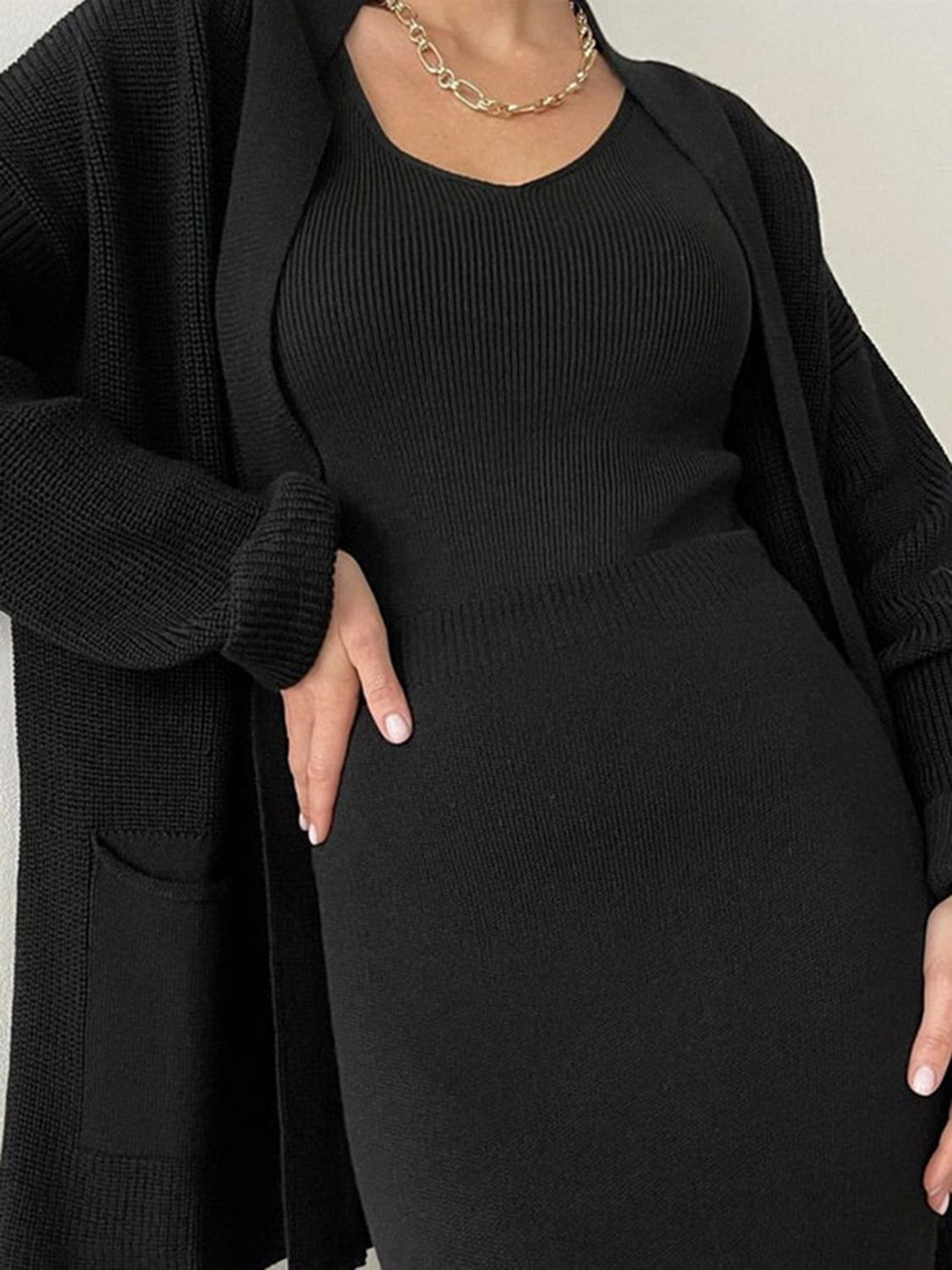 Pocketed Long Sleeve Cardigan and Skirt Sweater Set - Trendsi