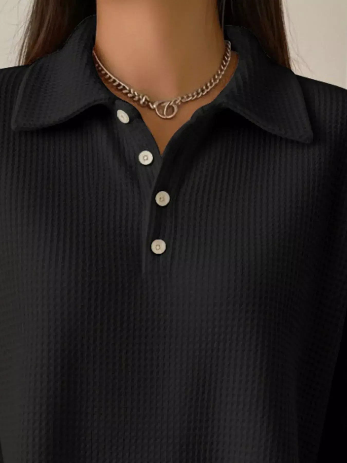 Full Size Waffle Knit Button Detail Sweatshirt Plus Size - Trendsi - Flyclothing LLC