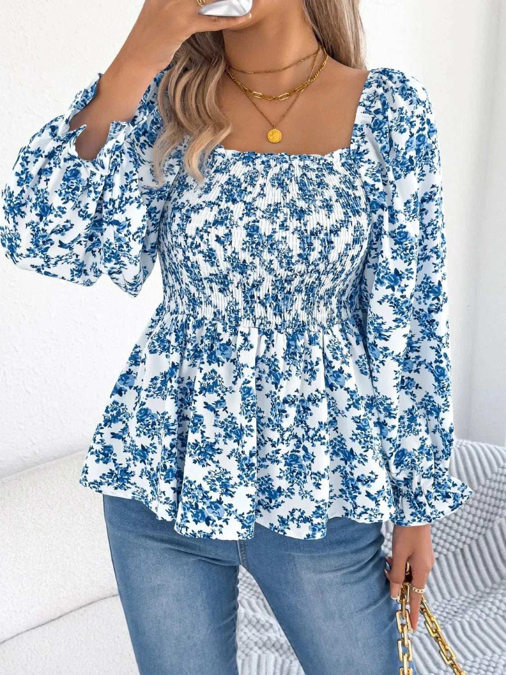 Floral Square Neck Flounce Sleeve Blouse - Trendsi - Flyclothing LLC