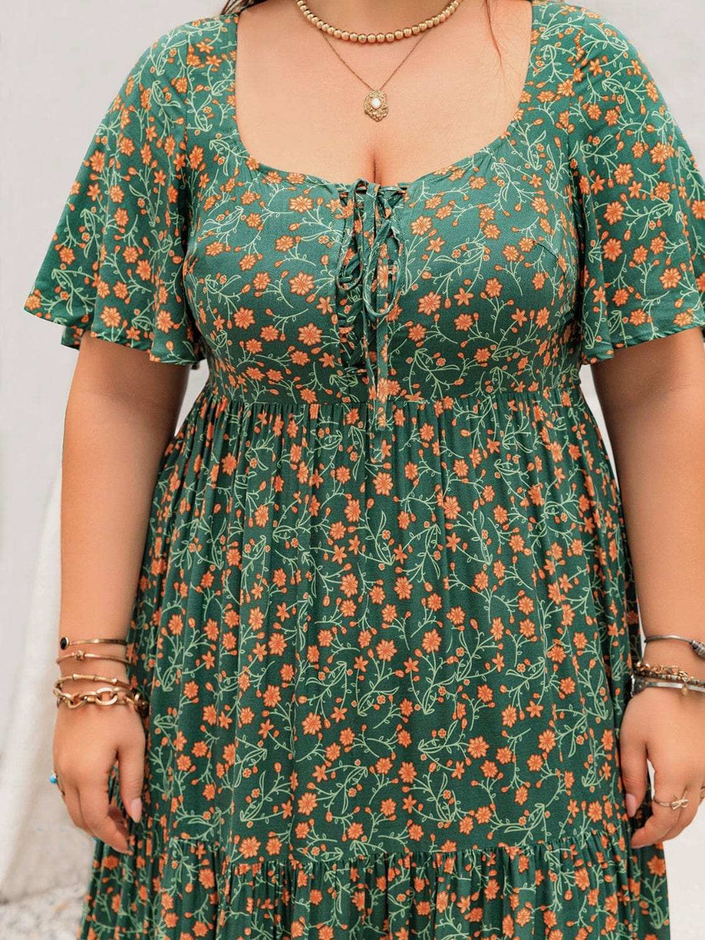 Plus Size Printed Short Sleeve Tiered Maxi Dress - Trendsi - Flyclothing LLC