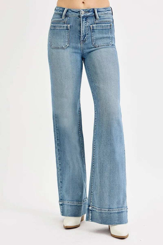 RISEN Full Size High Rise Wide Flare Patch Pocket Jeans Plus Size - Trendsi - Flyclothing LLC