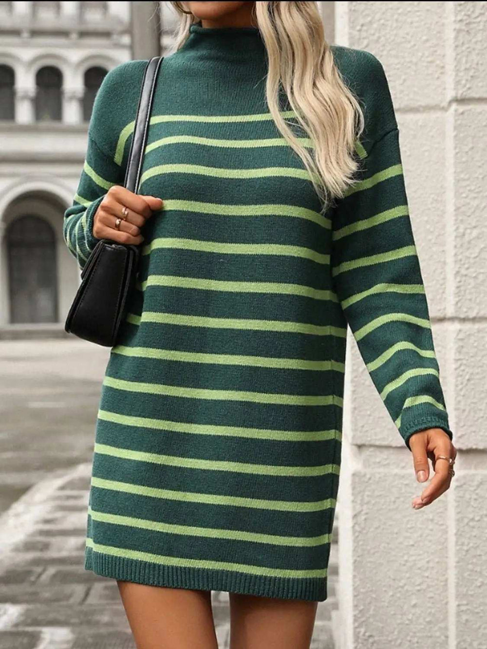 Striped Mock Neck Long Sleeve Mini Dress - Trendsi - Flyclothing LLC