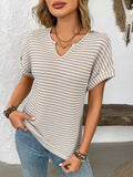 Striped Notched Short Sleeve T-Shirt - Trendsi - Flyclothing LLC