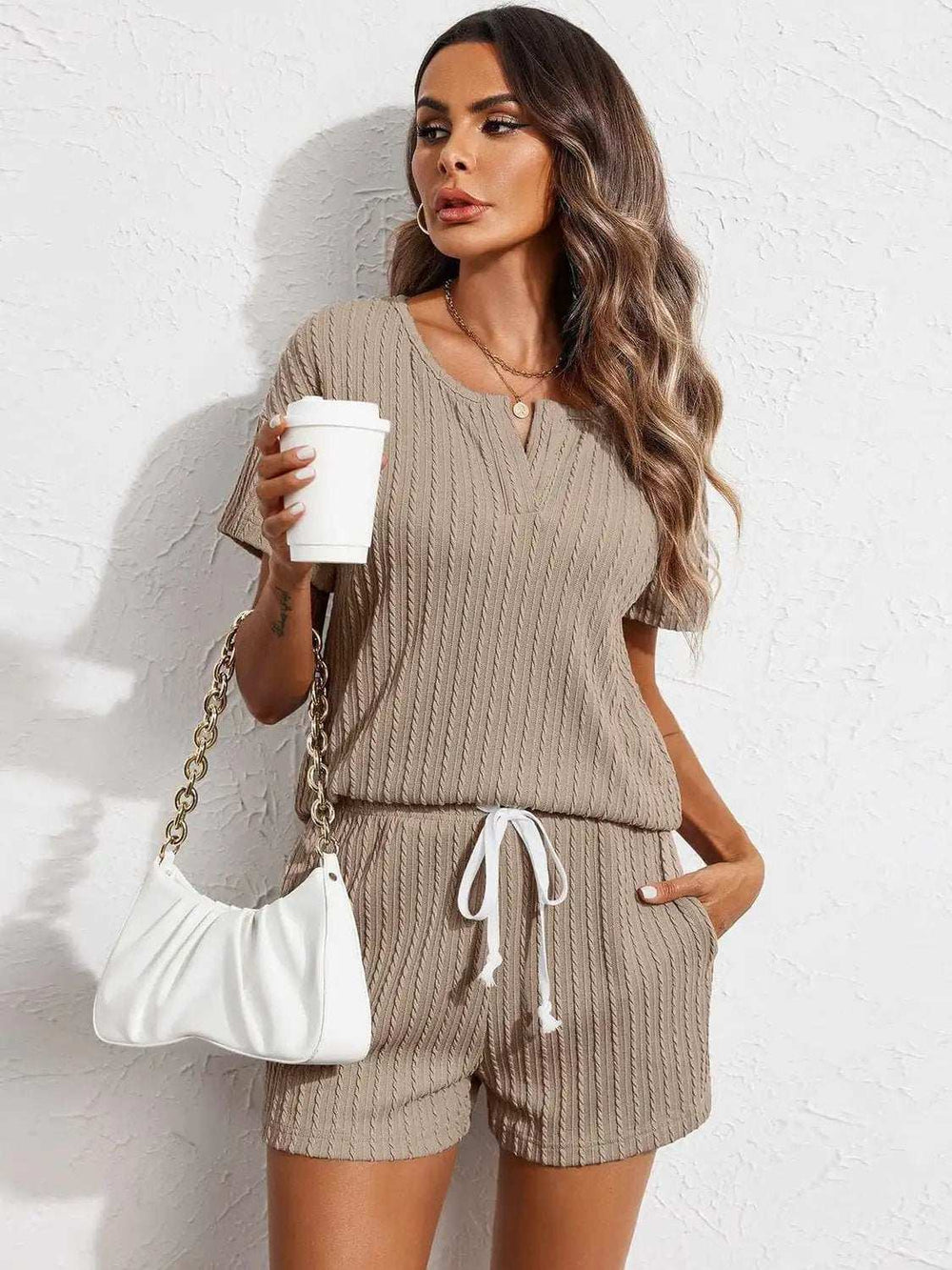 Notched Short Sleeve Top and Shorts Set - Trendsi - Flyclothing LLC