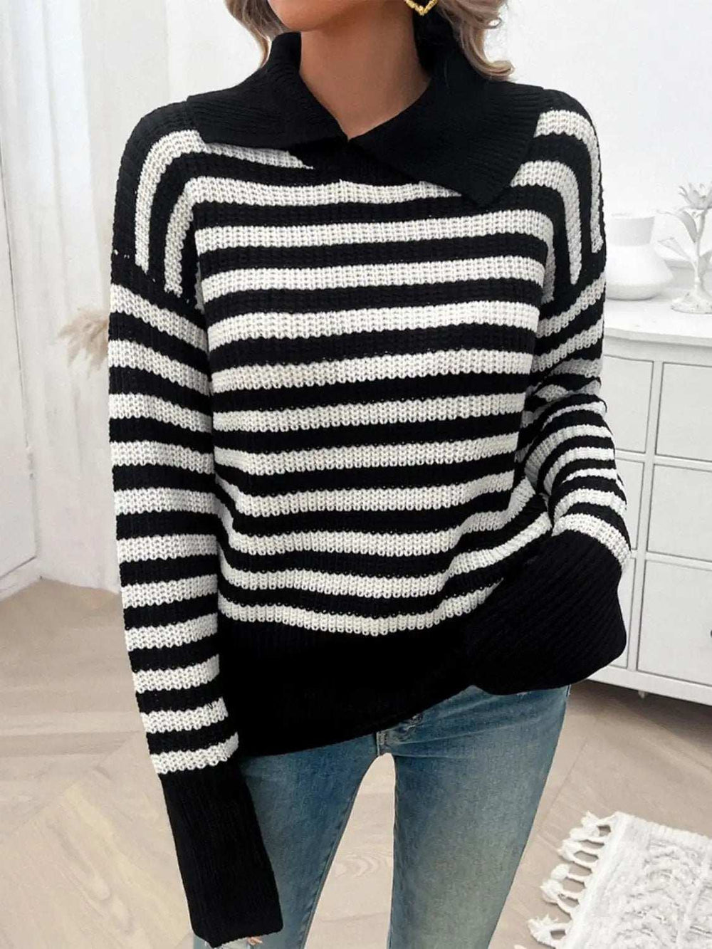 Striped Collared Neck Long Sleeve Sweater - Trendsi - Flyclothing LLC