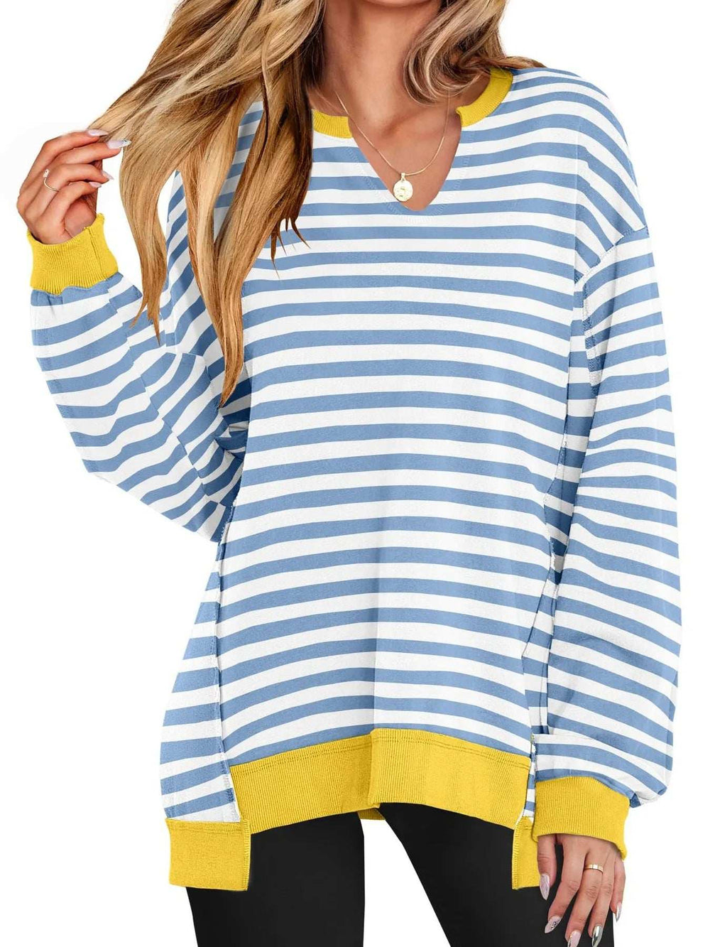 Notched Long Sleeve Oversized Sweatshirt - Trendsi - Flyclothing LLC