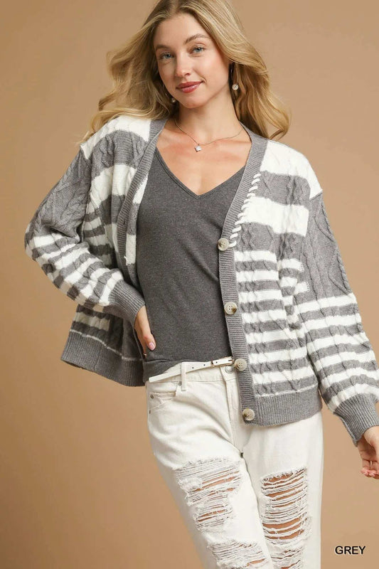 Umgee Cable-Knit Stripe Button-Up Cardigan - Trendsi - Flyclothing LLC