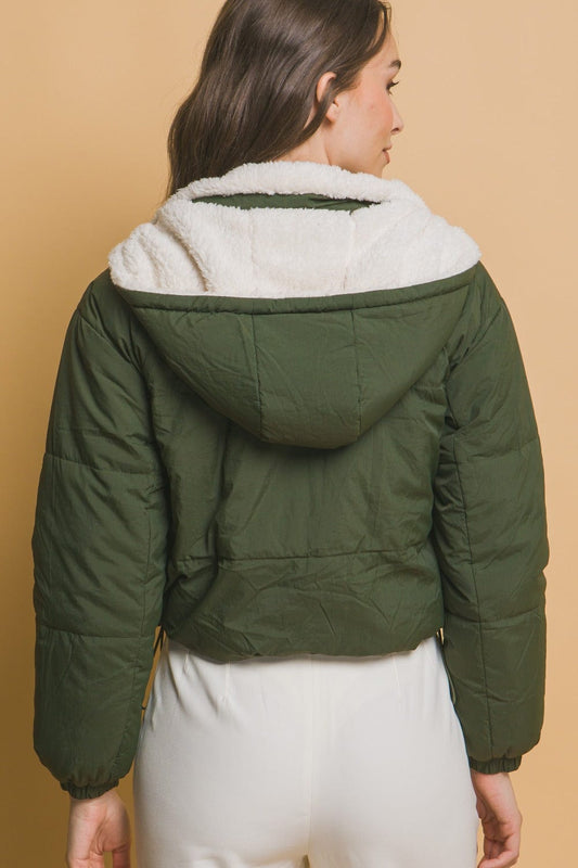 Love Tree Zip Up Cropped Hooded Sherpa Reversible Jacket - Trendsi